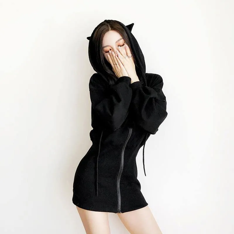 Gothic Cat Ears Zipped Women's Hoodie Long Sleeve Cute Women's Coat Fleece Punk Emo Hooded Rock Cyber Kitten Kawaii Harajuku Mall Goth