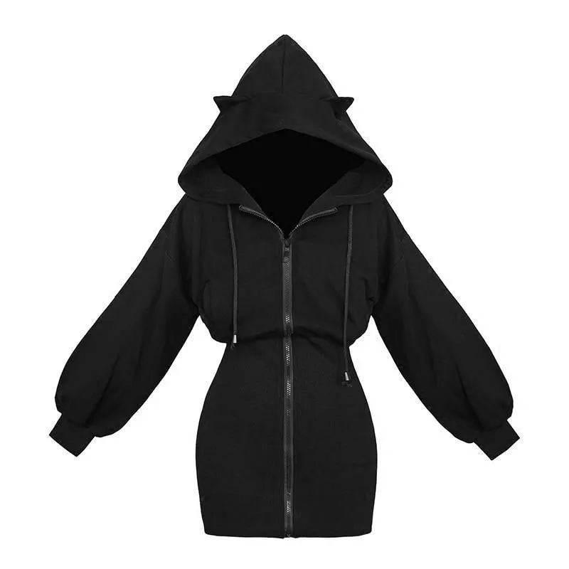 Gothic Cat Ears Zipped Women's Hoodie Long Sleeve Cute Women's Coat Fleece Punk Emo Hooded Rock Cyber Kitten Kawaii Harajuku Mall Goth