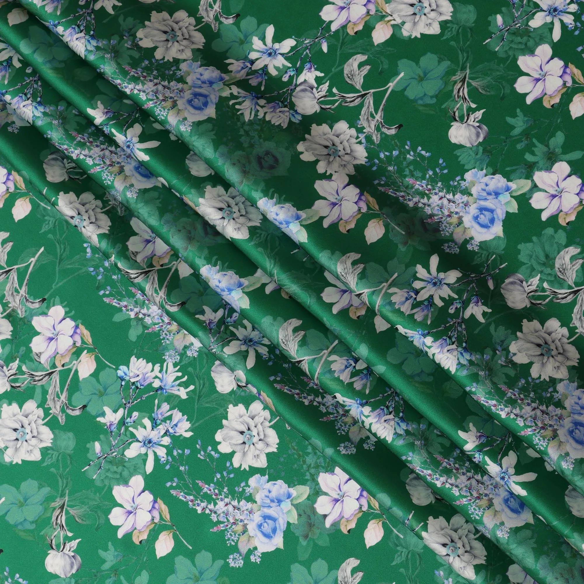 Green Floral Pure Silk Satin Fabric - 140 cm Width, Made in Italy-D20720