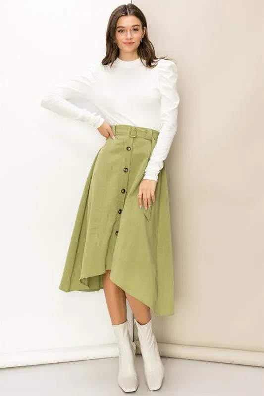 Green Modern Moves Button-Front High-Low Midi Skirt