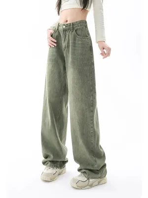 Green Y2K Casual Streetwear Wide Leg Denim Jeans for Women