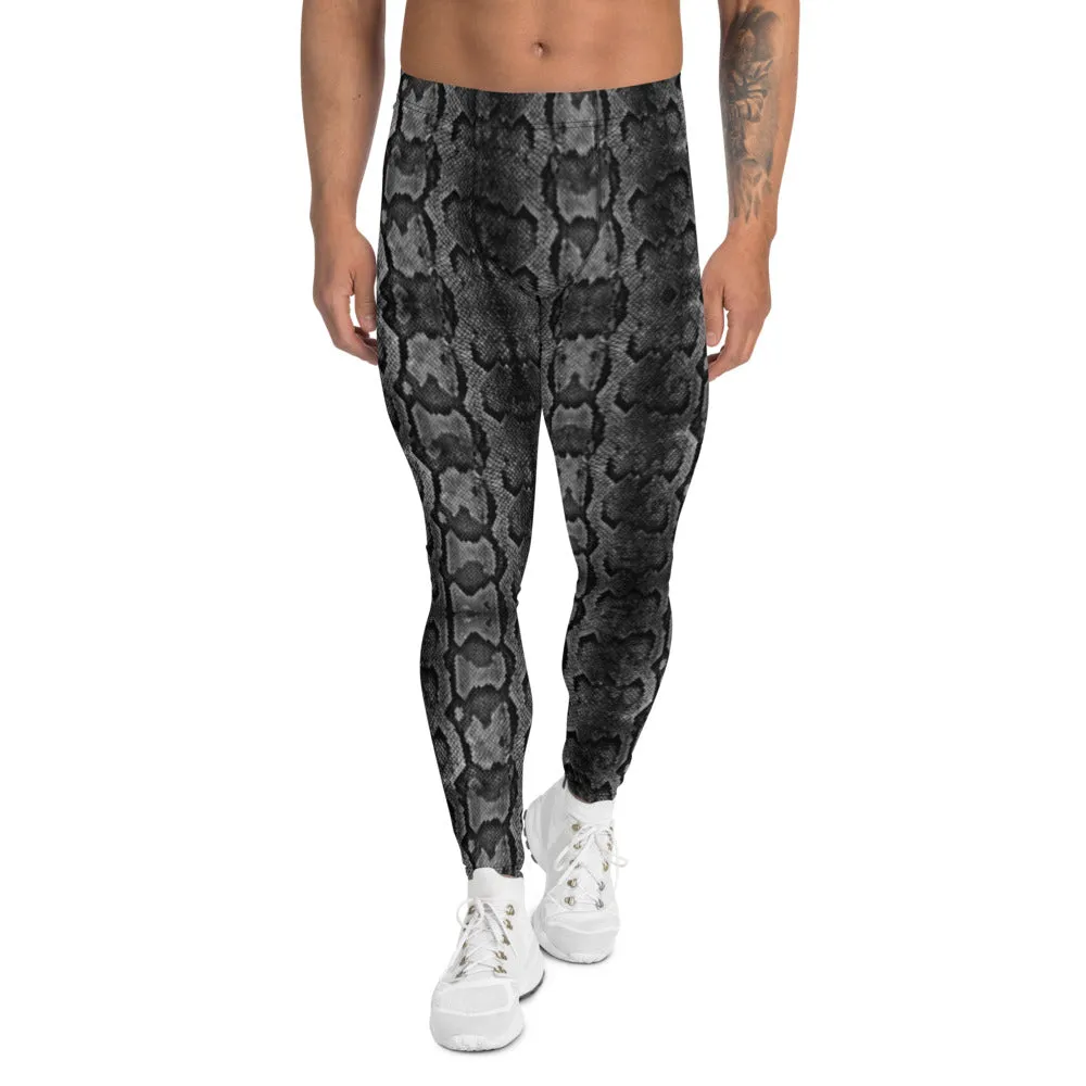 Grey Snake Print Men's Leggings, Snake Skin Python Style Meggings Tights For Men - Made in USA/EU