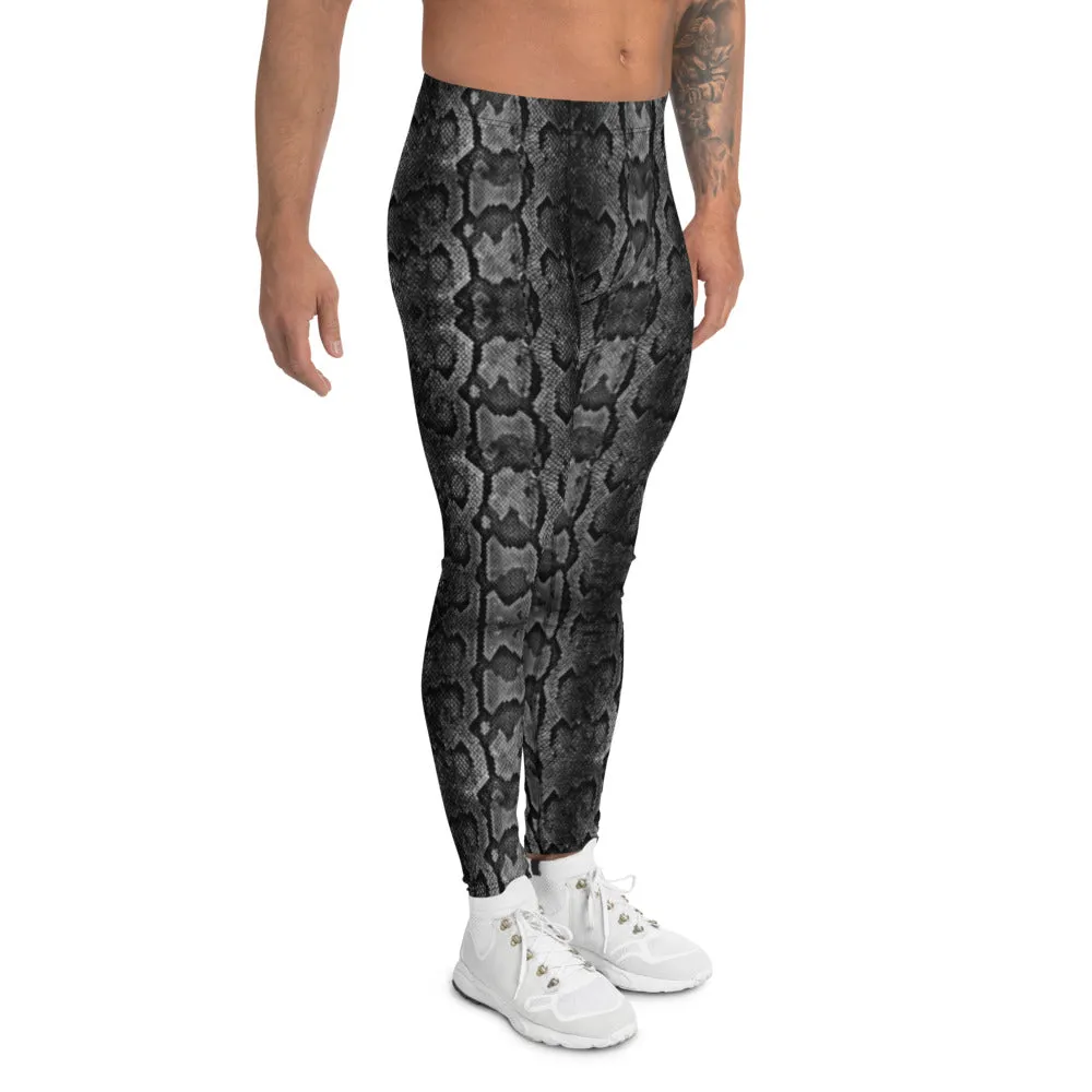 Grey Snake Print Men's Leggings, Snake Skin Python Style Meggings Tights For Men - Made in USA/EU