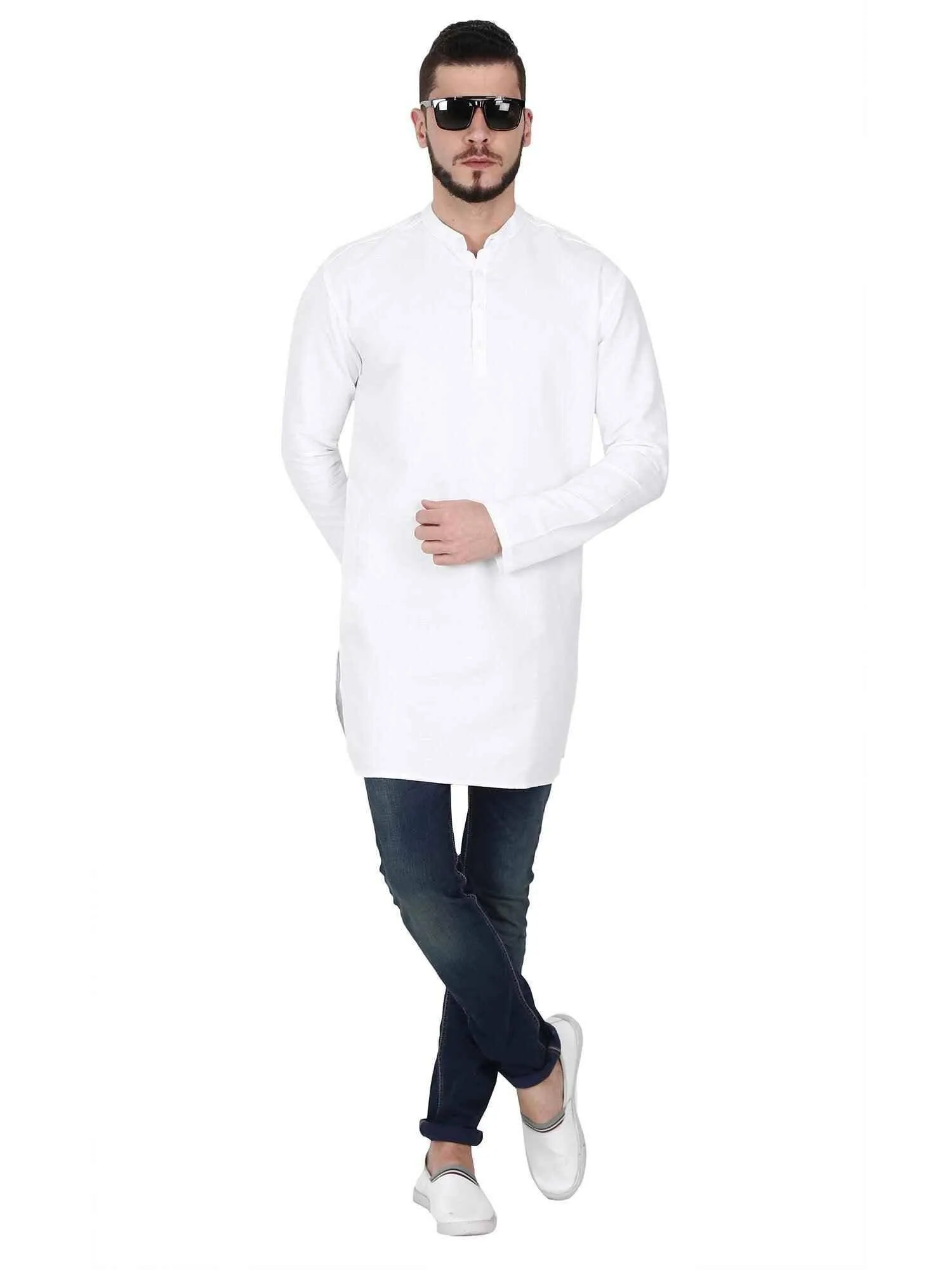 Guniaa White Solid Giza Cotton Long Kurta