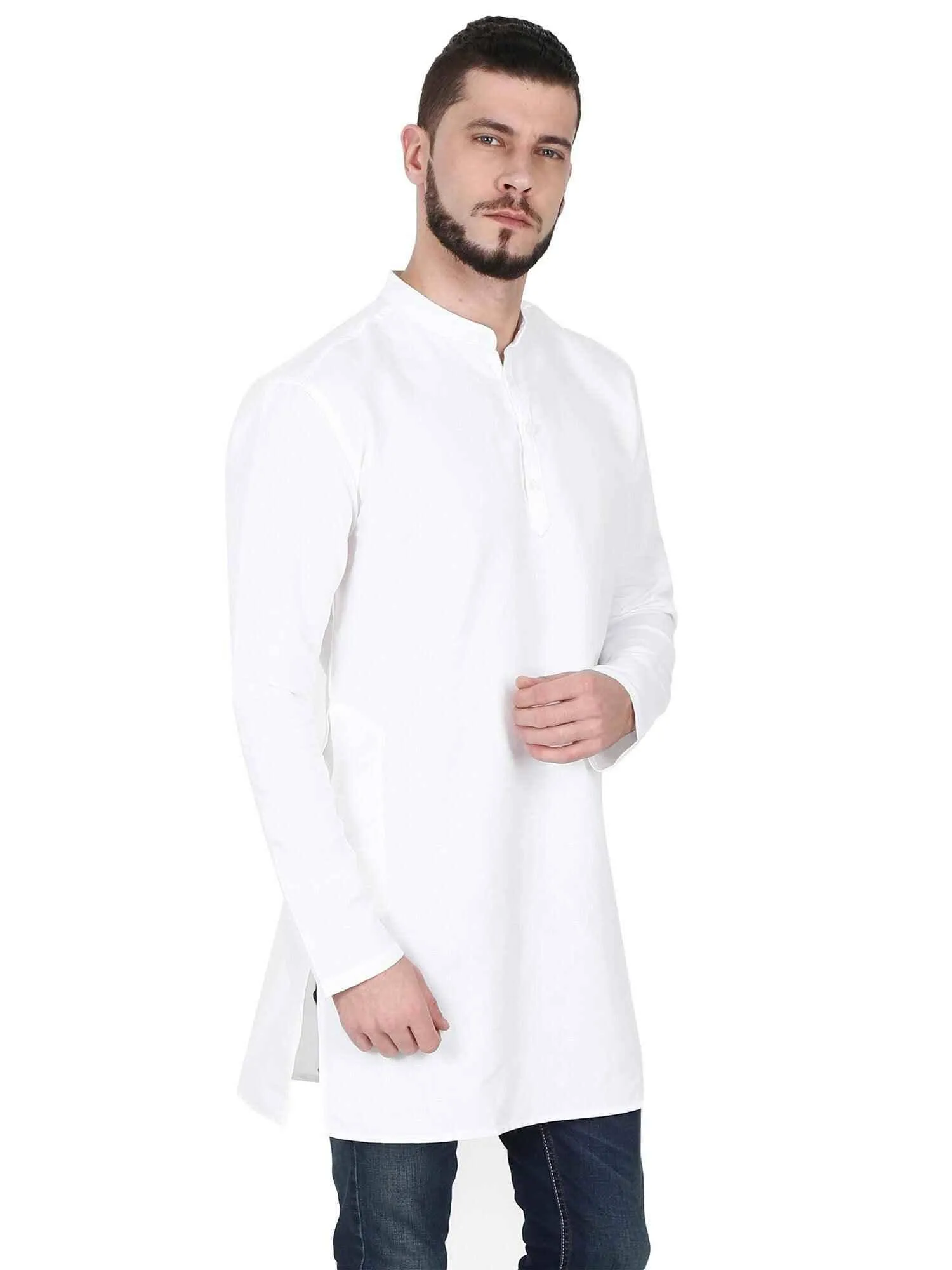 Guniaa White Solid Giza Cotton Long Kurta