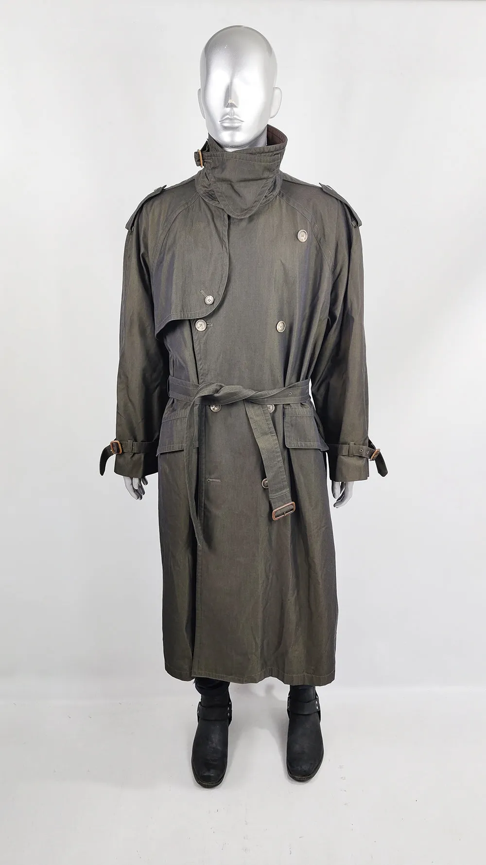 Harrods Vintage Mens Iridescent Leather Trimmed Maxi Trench Coat, 1980s