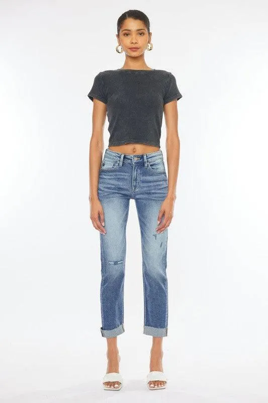 High Rise 5-Pocket Cuffed Slim Straight Jeans