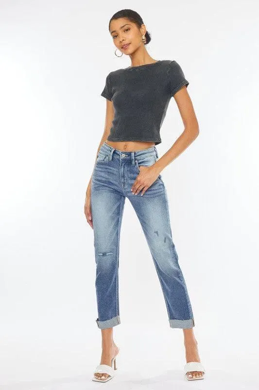 High Rise 5-Pocket Cuffed Slim Straight Jeans