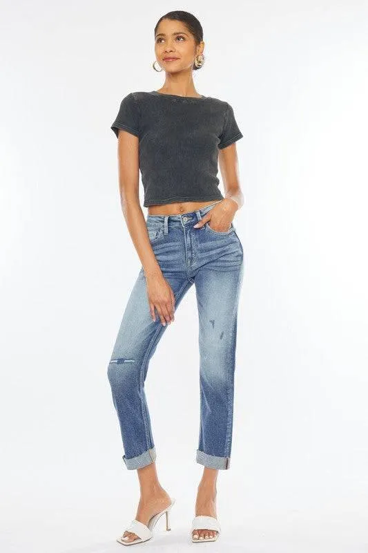 High Rise 5-Pocket Cuffed Slim Straight Jeans