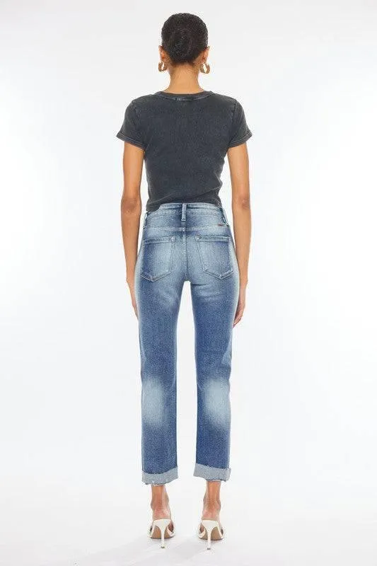 High Rise 5-Pocket Cuffed Slim Straight Jeans