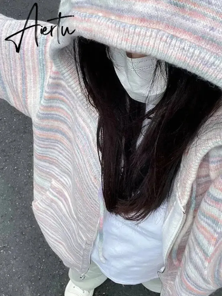 Japanese Y2k Rainbow Striped Kawaii Cardigans Women Autumn All Match Hooded Sweaters Loose Zipper Grunge Knitted Coat Pull Femme