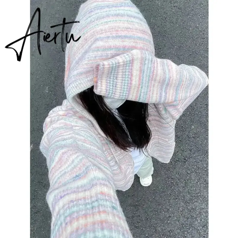 Japanese Y2k Rainbow Striped Kawaii Cardigans Women Autumn All Match Hooded Sweaters Loose Zipper Grunge Knitted Coat Pull Femme