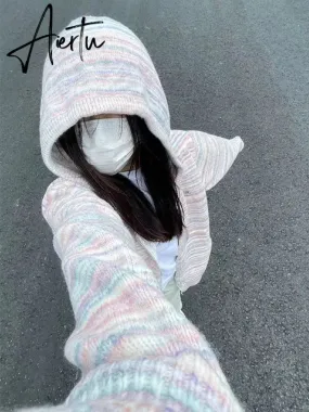 Japanese Y2k Rainbow Striped Kawaii Cardigans Women Autumn All Match Hooded Sweaters Loose Zipper Grunge Knitted Coat Pull Femme