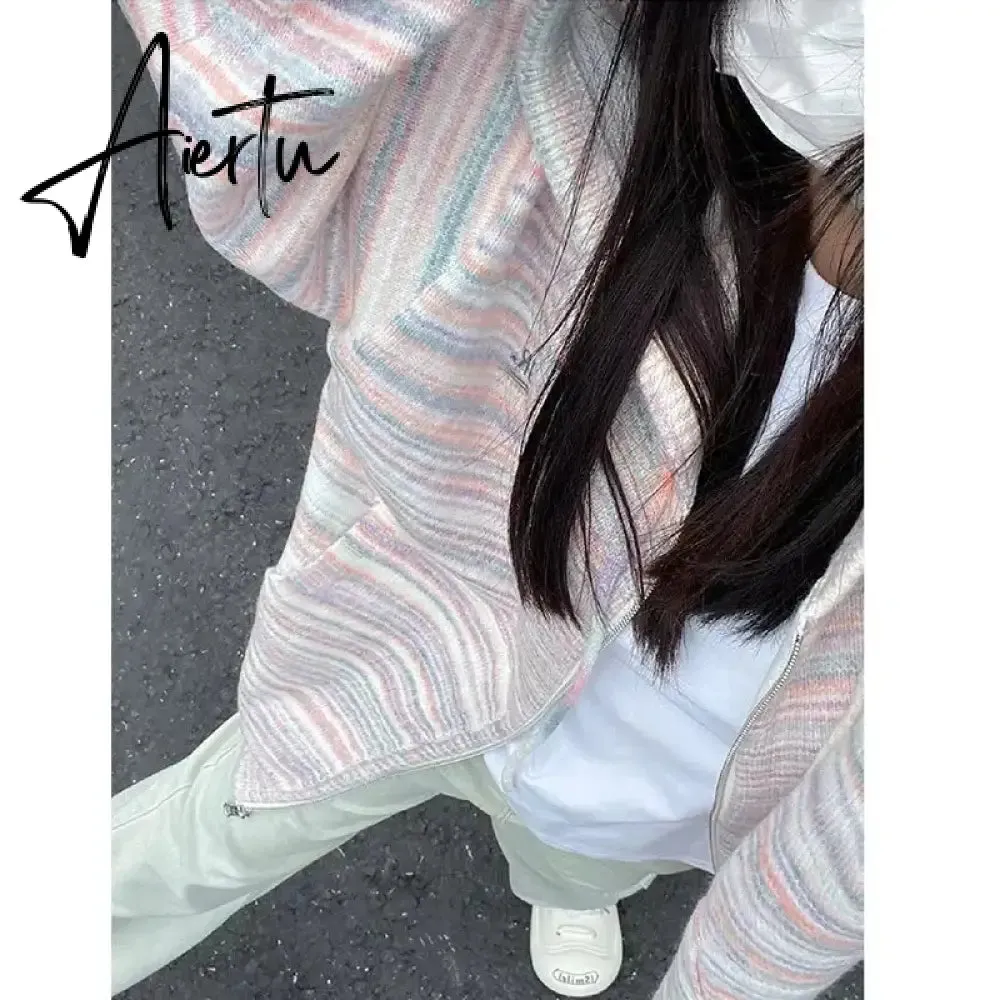 Japanese Y2k Rainbow Striped Kawaii Cardigans Women Autumn All Match Hooded Sweaters Loose Zipper Grunge Knitted Coat Pull Femme