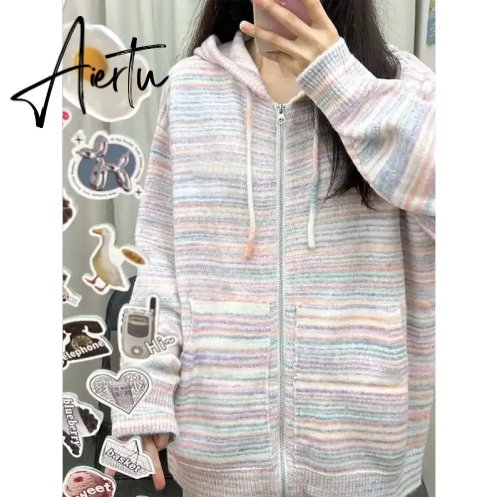 Japanese Y2k Rainbow Striped Kawaii Cardigans Women Autumn All Match Hooded Sweaters Loose Zipper Grunge Knitted Coat Pull Femme