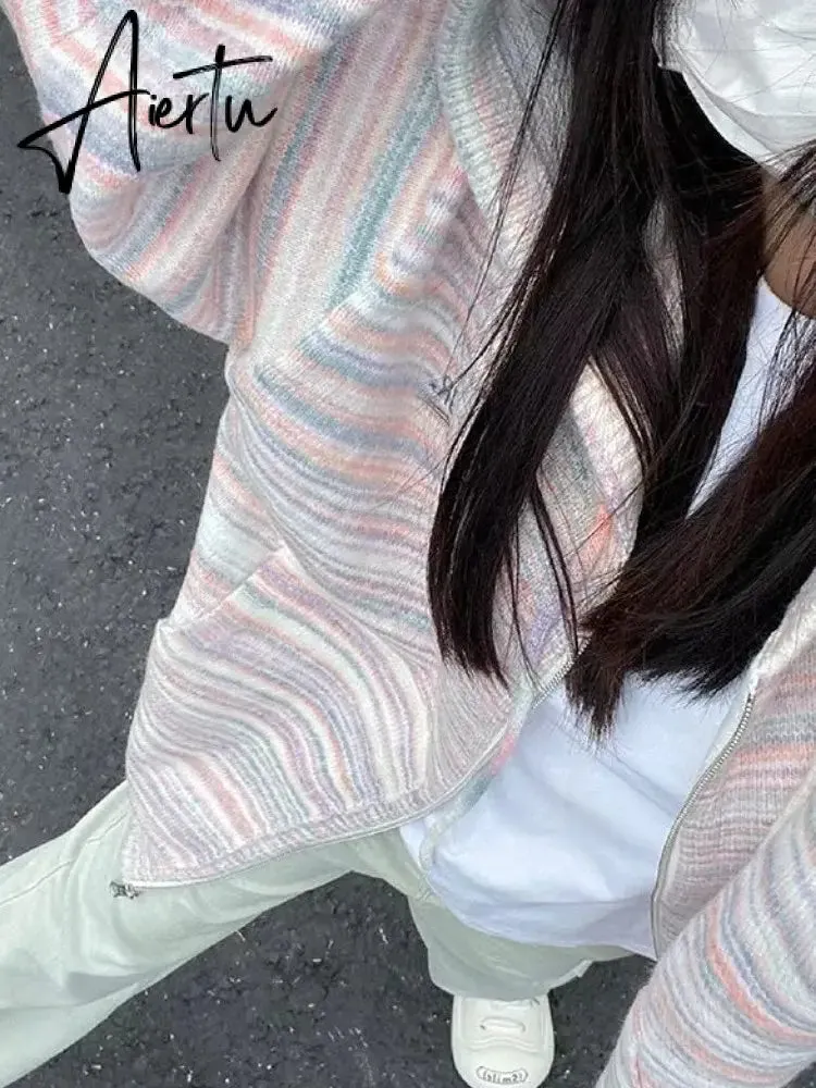 Japanese Y2k Rainbow Striped Kawaii Cardigans Women Autumn All Match Hooded Sweaters Loose Zipper Grunge Knitted Coat Pull Femme