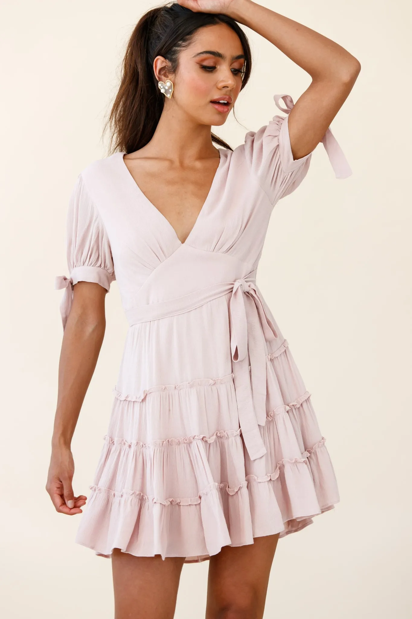 Jocelyn Short Sleeve Tied Cuff Layered Ruffle Dress Nude