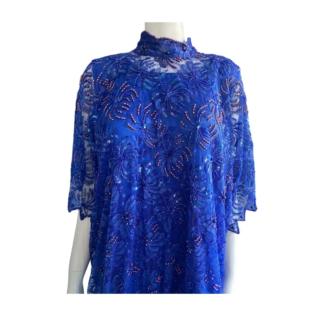 Judith Ann Beaded Dress 80s Vintage Blue