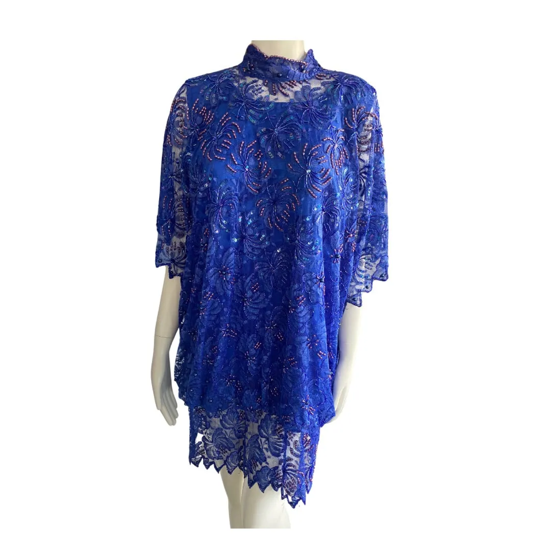 Judith Ann Beaded Dress 80s Vintage Blue