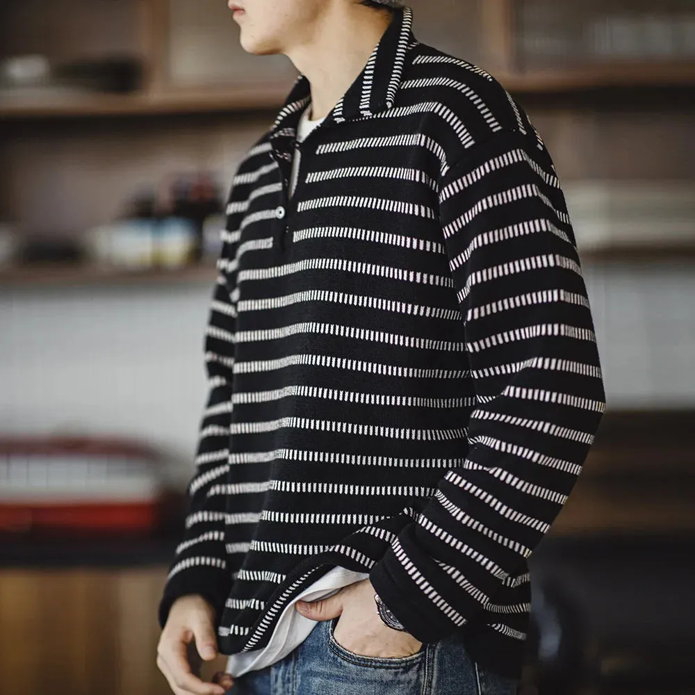 Knitted Striped Polo Sweater with Lapel - Men's Casual Color Collision Jumper