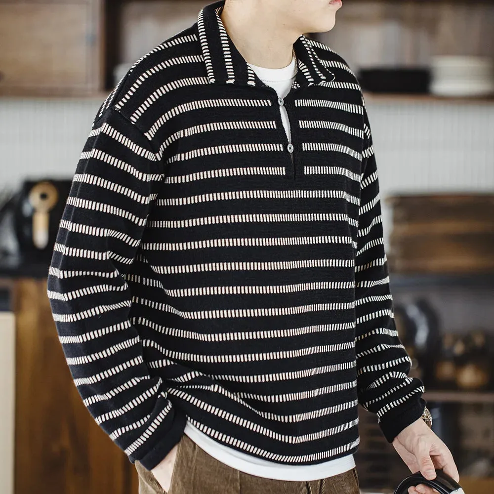 Knitted Striped Polo Sweater with Lapel - Men's Casual Color Collision Jumper