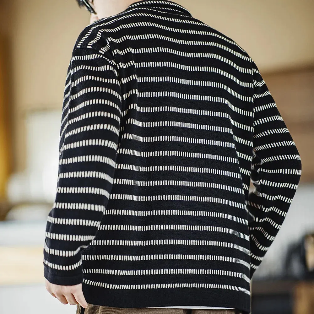 Knitted Striped Polo Sweater with Lapel - Men's Casual Color Collision Jumper