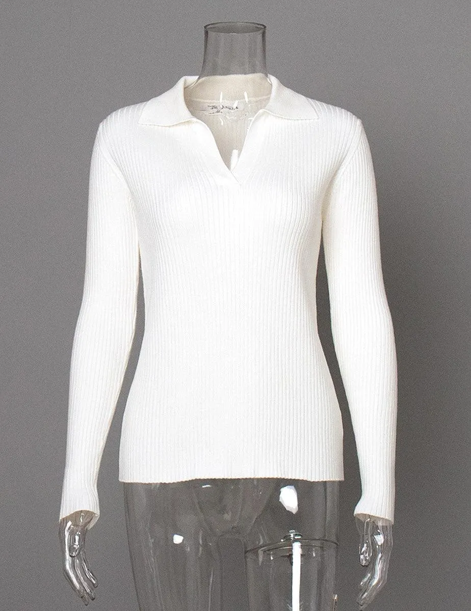 Ladies Solid Color Polo Neck Rib Knit Pullover Sweater SKT4790