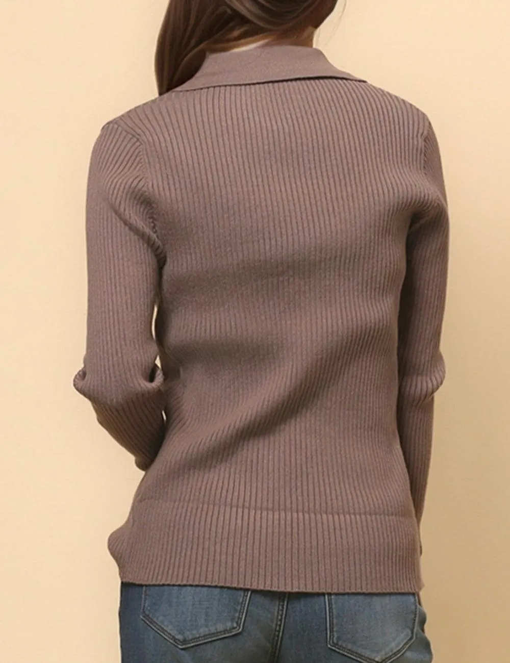 Ladies Solid Color Polo Neck Rib Knit Pullover Sweater SKT4790