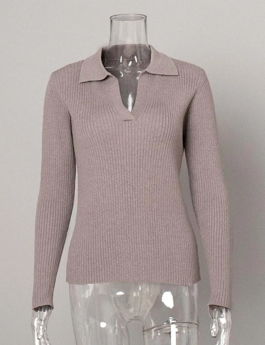 Ladies Solid Color Polo Neck Rib Knit Pullover Sweater SKT4790