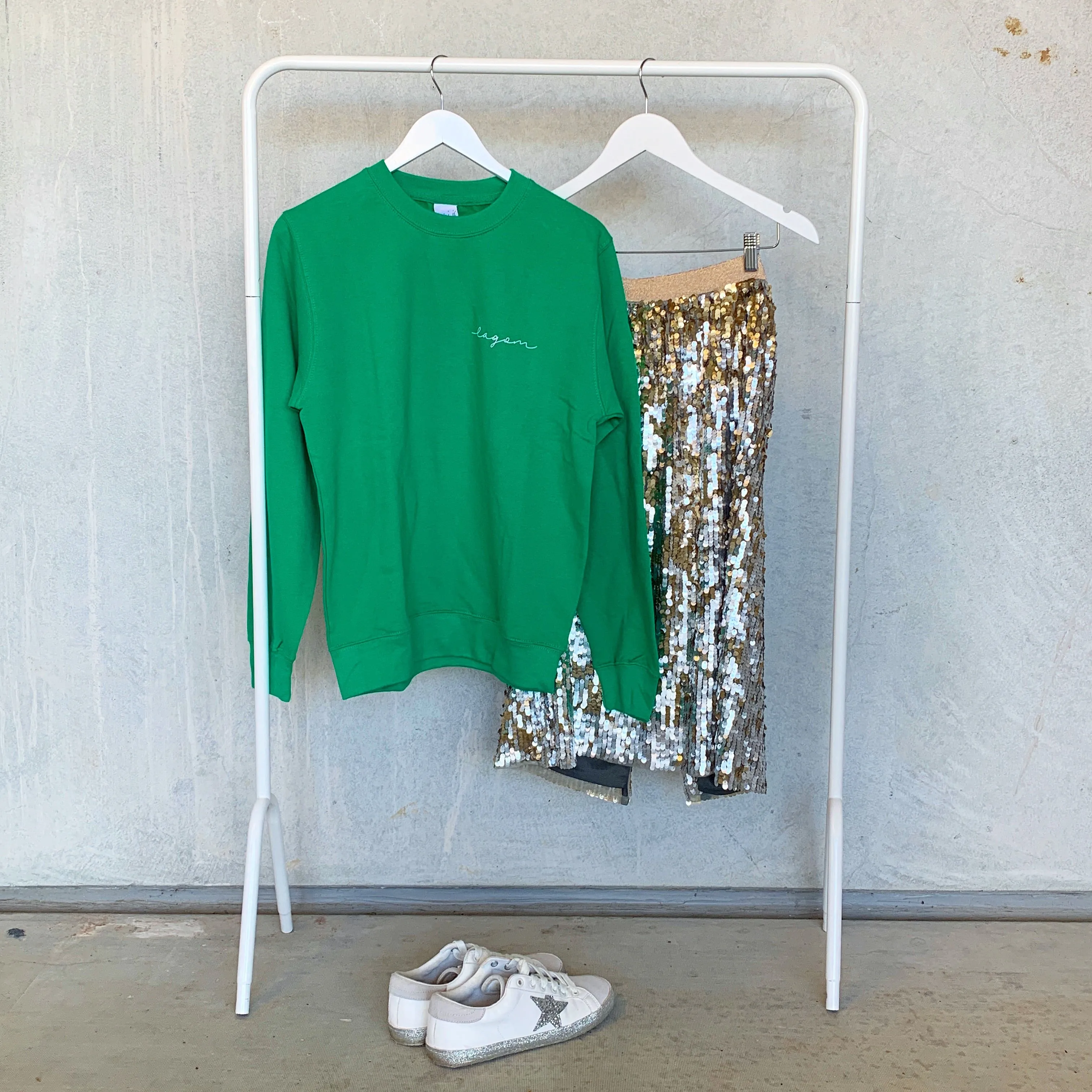 LAGOM on bright green sweatshirt