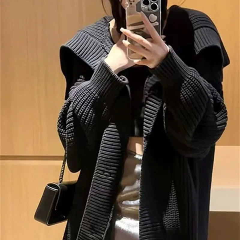 Lanfubeisi grunge outfits New Black Turtleneck Sweater Coat Female Niche Early Autumn Lazy Wind Loose Outer Wear Knitted Cardigan