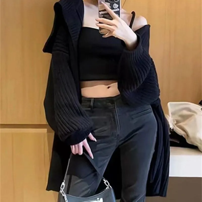 Lanfubeisi grunge outfits New Black Turtleneck Sweater Coat Female Niche Early Autumn Lazy Wind Loose Outer Wear Knitted Cardigan