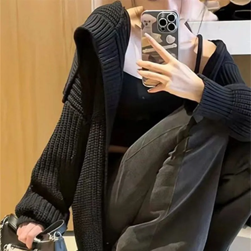 Lanfubeisi grunge outfits New Black Turtleneck Sweater Coat Female Niche Early Autumn Lazy Wind Loose Outer Wear Knitted Cardigan