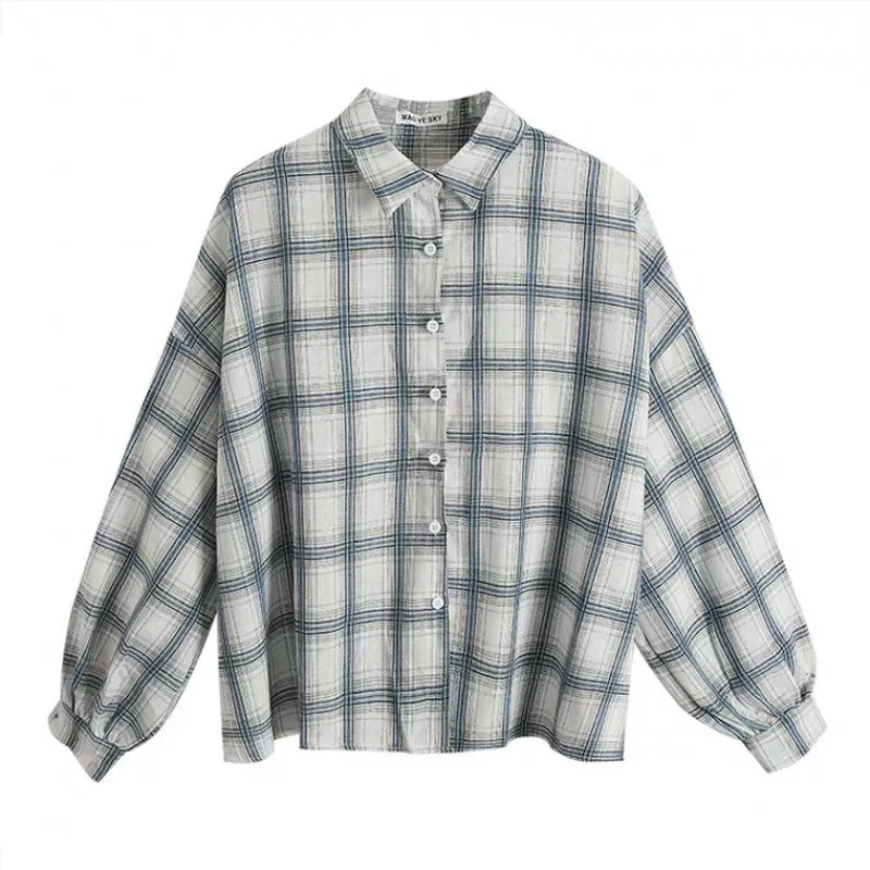 Lanfubeisi grunge outfits Plaid Shirt Women's Loose Korean-Style Mid-Length Retro Hong Kong Style Versatile Bf Long Sleeve Ins Coat Fashion