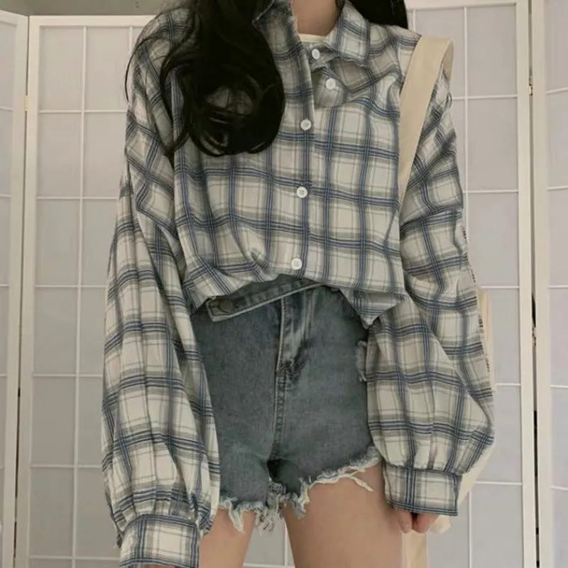 Lanfubeisi grunge outfits Plaid Shirt Women's Loose Korean-Style Mid-Length Retro Hong Kong Style Versatile Bf Long Sleeve Ins Coat Fashion