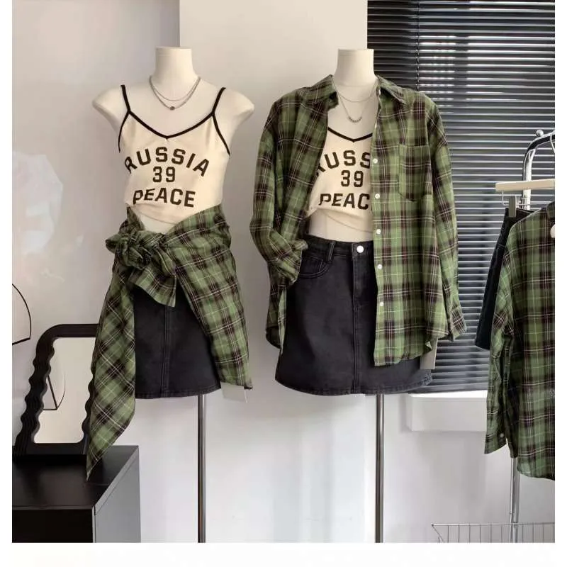 Lanfubeisi grunge outfits Women's White and Green Plaid Shirt, Large Loose Plaid Coat for Spring and Summer