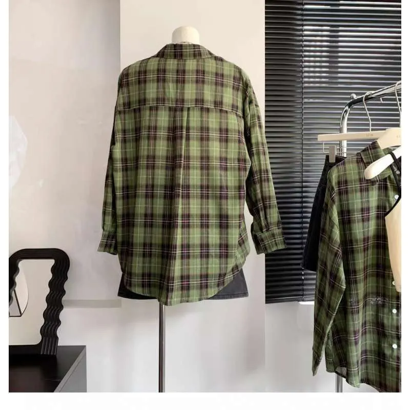 Lanfubeisi grunge outfits Women's White and Green Plaid Shirt, Large Loose Plaid Coat for Spring and Summer