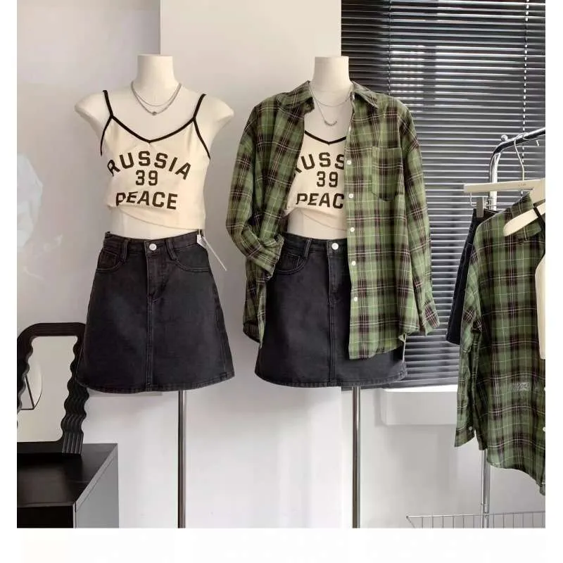 Lanfubeisi grunge outfits Women's White and Green Plaid Shirt, Large Loose Plaid Coat for Spring and Summer