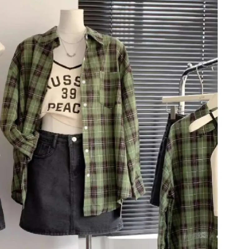 Lanfubeisi grunge outfits Women's White and Green Plaid Shirt, Large Loose Plaid Coat for Spring and Summer