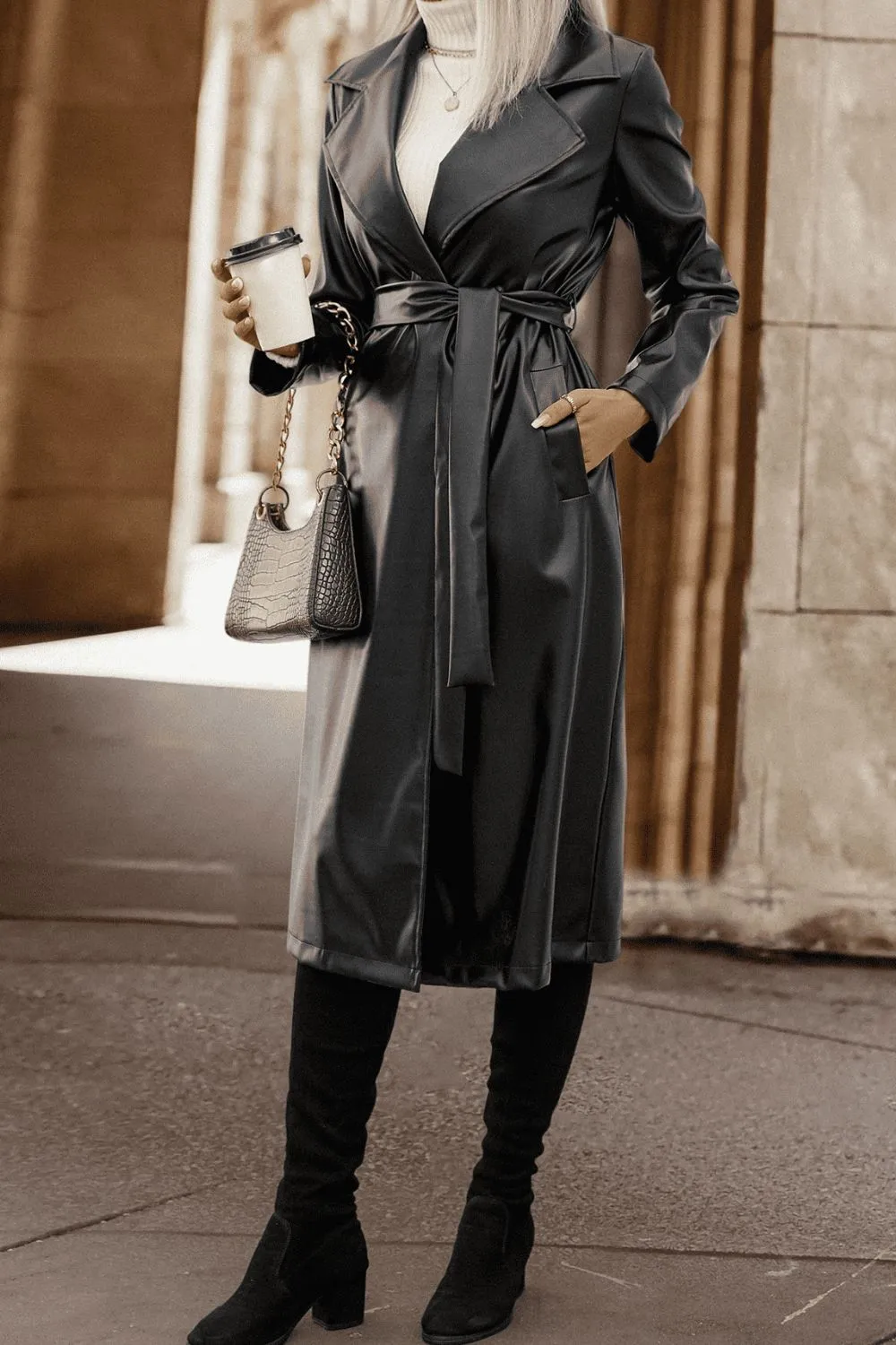 Lapel Collar Tie Waist Long Sleeve Trench Coat