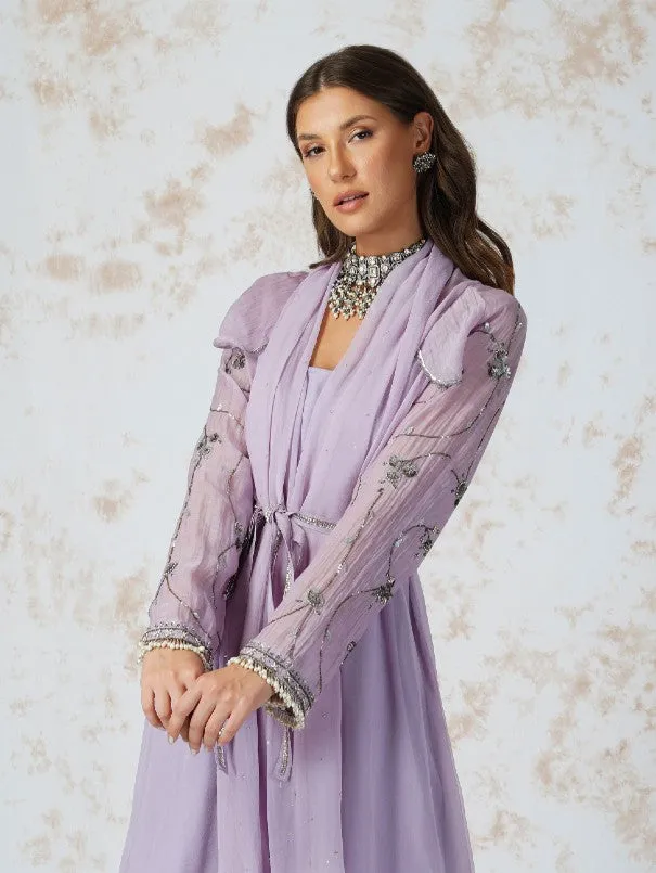 Lavender Antique Work Belted Chanderi Dress (Set of 2)