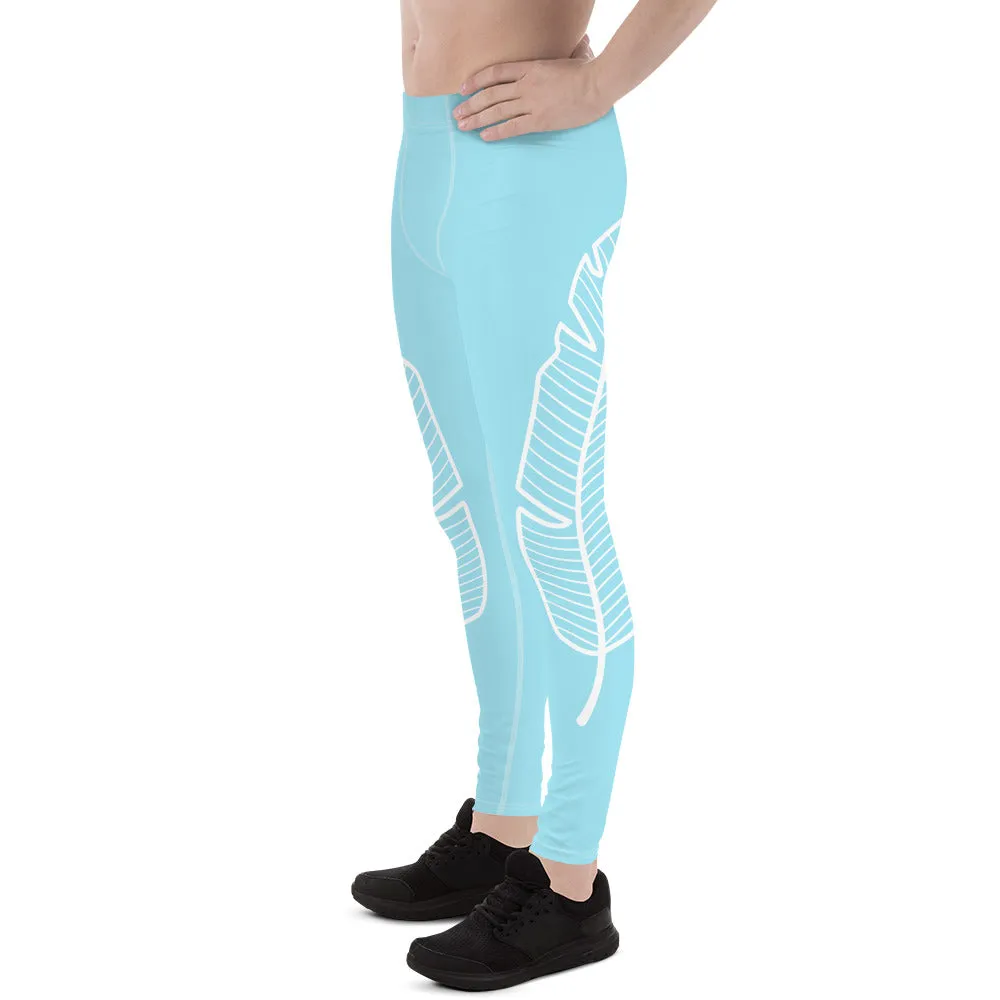 Light Blue Bird's Feather Print Designer Men's Leggings Tights Meggings- Made in USA/EU