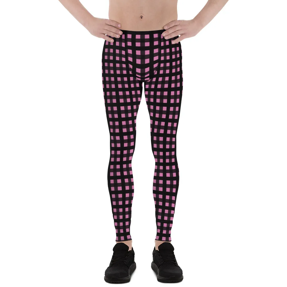 Light Pink Buffalo Plaid Meggings, Plaid Print Premium Men's Run Tights-Made in USA/EU