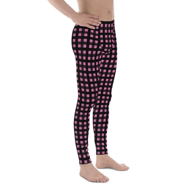 Light Pink Buffalo Plaid Meggings, Plaid Print Premium Men's Run Tights-Made in USA/EU