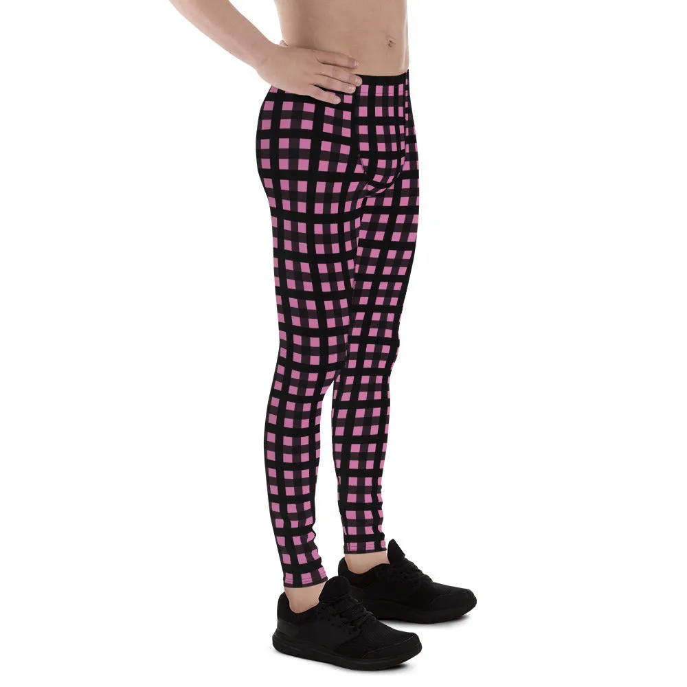 Light Pink Buffalo Plaid Meggings, Plaid Print Premium Men's Run Tights-Made in USA/EU