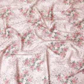 Light pink premium pure silk satin fabric with light peach and forest green print having rose pink film metallic in floral design-D9419