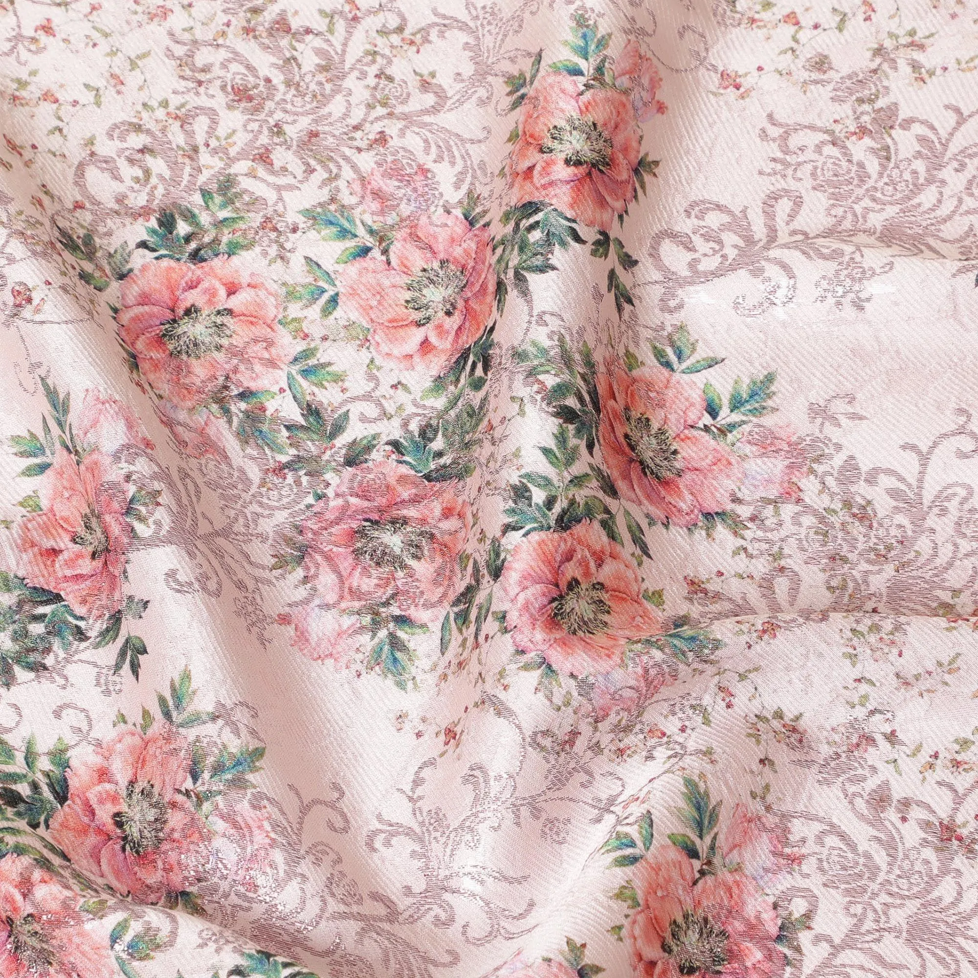 Light pink premium pure silk satin fabric with light peach and forest green print having rose pink film metallic in floral design-D9419