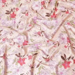 Light pink premium pure silk satin fabric with multicolor print having rose pink film metallic in floral design-D9418