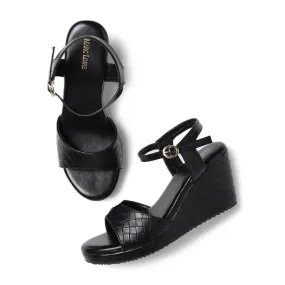 Marc Loire Women's Fashion Open Toe, High Heel Slip On Buckle Strap Wedges Sandals (Black, numeric_8)