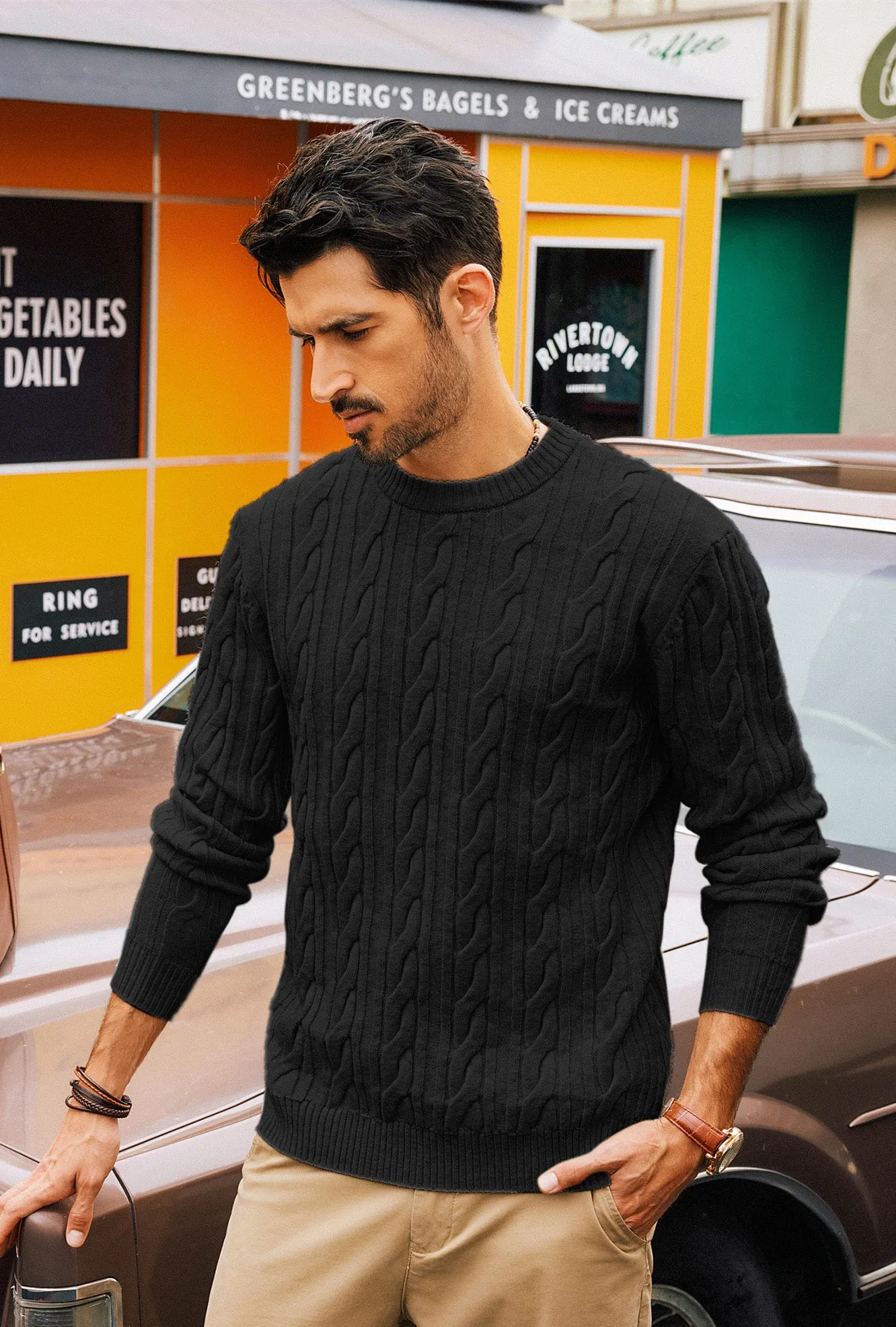 Men Cable Knitted Sweater Long Sleeve Crew Neck Ribbed Cuff Pullover